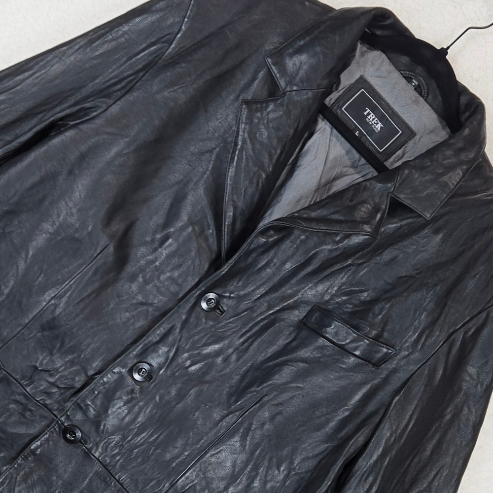 Trek New York Men's Vintage 90s Genuine Leather Blazer Jacket Black 3 Button L
